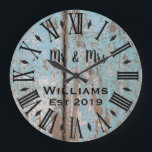 Rustic Vintage Personalized Wood Custom Große Wanduhr<br><div class="desc">Beautiful, einzigartig, one-of-a-kind personalized design feature a rustic wood with black personalization his and her names in a script machen overlay design and the last name and year establishd in a bold script with a printed wood t background. Personalize this clock by adding your personal information. Makes a great wedding,...</div>