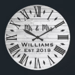 Rustic Vintage Personalized Wood Custom Große Wanduhr<br><div class="desc">Beautiful, einzigartig, one-of-a-kind personalized design feature a rustic wood with black personalization his and her names in a script machen overlay design and the last name and year establishd in a bold script with a printed wood t background. Personalize this clock by adding your personal information. Makes a great wedding,...</div>