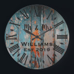 Rustic Vintage Personalized Wood Custom Große Wanduhr<br><div class="desc">Beautiful, einzigartig, one-of-a-kind personalized design feature a rustic wood with black personalization his and her names in a script machen overlay design and the last name and year establishd in a bold script with a printed wood t background. Personalize this clock by adding your personal information. Makes a great wedding,...</div>