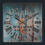 Rustic Vintage Personalized Wood Custom Quadratische Wanduhr<br><div class="desc">Beautiful, einzigartig, one-of-a-kind personalized design feature a rustic wood with black personalization his and her names in a script machen overlay design and the last name and year establishd in a bold script with a printed wood t background. Personalize this clock by adding your personal information. Makes a great wedding,...</div>