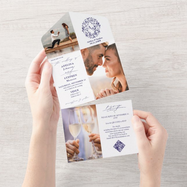 Rustic Wappen Monogram 3 Foto QR Code Blue Wedding All In One Einladung (Abreißen)