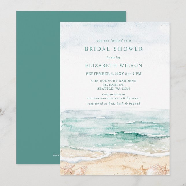 Rustic Watercolor Beach Bridal Shower Einladung (Vorne/Hinten)