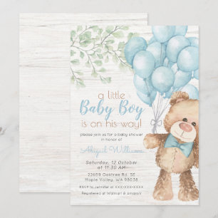 Rustic Watercolor Blue Bear Boy Baby Dusche Einladung