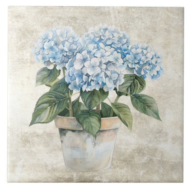 Rustic Watercolor Blue Hydrangea  Fliese (Vorderseite)