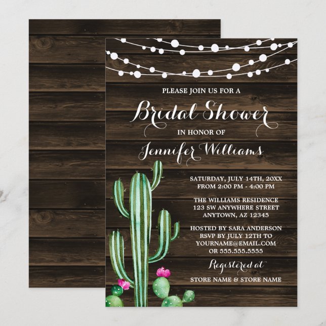 Rustic Watercolor Cactus Barn Wood Brautparty Einladung (Vorne/Hinten)
