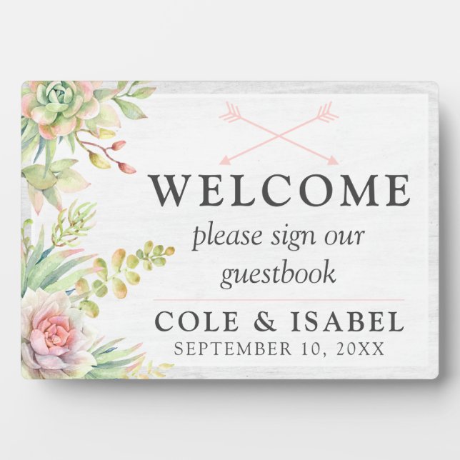Rustic Watercolor Cactus Welcome Wedding Guestbook Fotoplatte (Vorderseite)