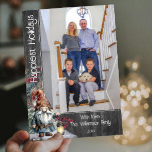 Rustic Watercolor Christmas Gnome - Graues Foto Feiertagskarte