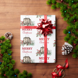 Rustic Watercolor Christmas Lantern Pine Berries Geschenkpapier
