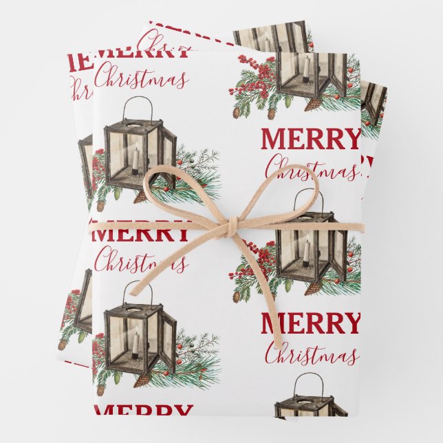 Rustic Watercolor Christmas Lantern Pine Berries Geschenkpapier Set (Beispiel)
