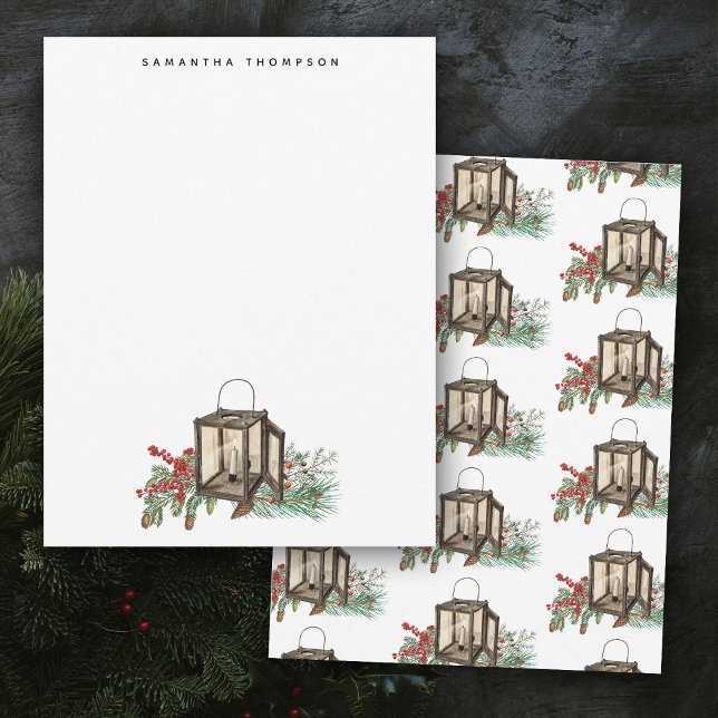 Rustic Watercolor Christmas Lantern Pine Berries Mitteilungskarte (Rustic Corporate Business Logo Christmas Card)
