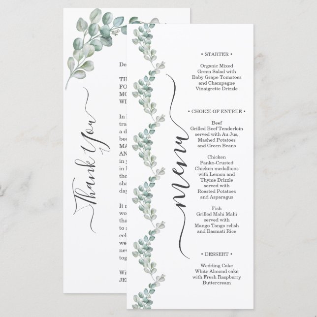 Rustic Watercolor Eucalyptus Greenery Wedding Menükarte (Vorne/Hinten)