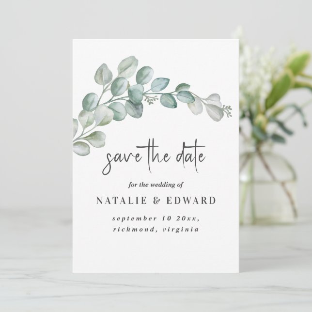 Rustic Watercolor Eucalyptus Greenery Wedding Save The Date (Stehend Vorderseite)