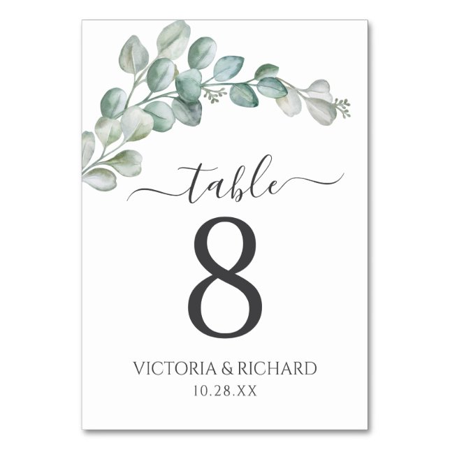 Rustic Watercolor Eucalyptus Greenery Wedding Tischnummer (Vorderseite)