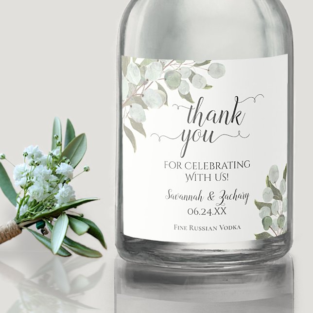 Rustic Watercolor Eucalyptus Wedding Thank You Alkoholflaschenetikett (Von Creator hochgeladen)