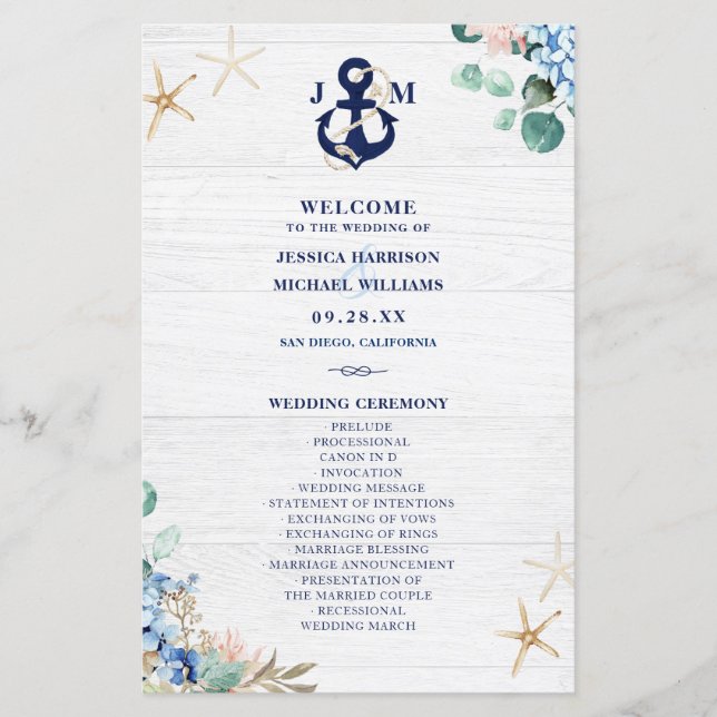 Rustic Watercolor Floral Beach Wedding Programme (Devant)