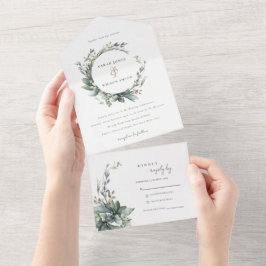 Rustic Watercolor Green Foliage Wreath Wedding All In One Einladung