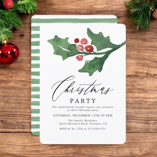 Rustic Watercolor Holly Holiday Weihnachten Party Einladung (Von Creator hochgeladen)