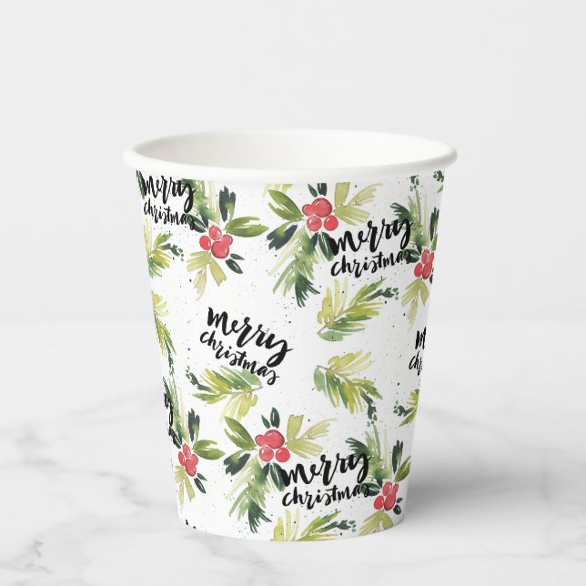 Rustic Watercolor Holly Pattern Frohe Weihnachten Pappbecher (Vorderseite)