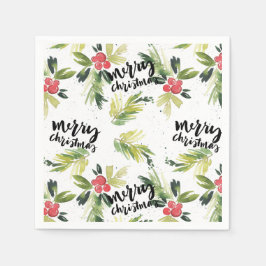 Rustic Watercolor Holly Pattern Frohe Weihnachten Serviette