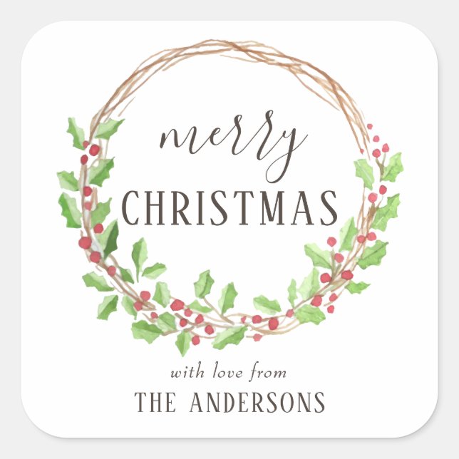 Rustic Watercolor Holly Wreath Frohe Weihnachten Quadratischer Aufkleber (Vorderseite)