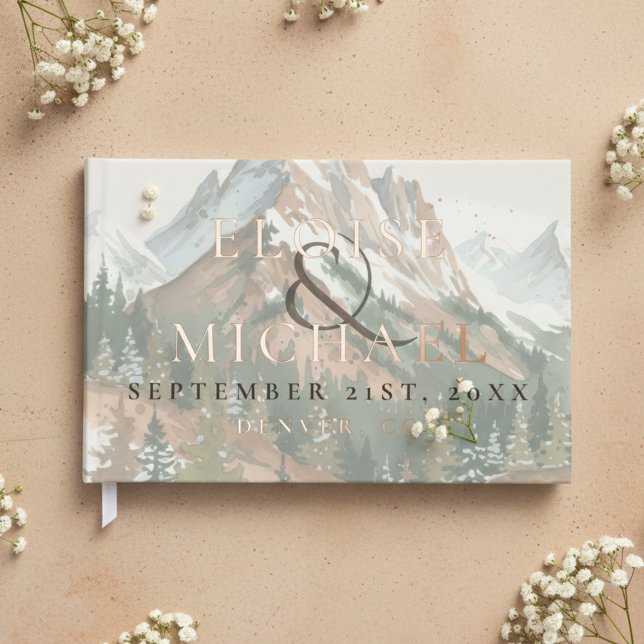 Rustic Watercolor Mountain Copper Brown Wedding Gästebuch (Rustic Watercolor Mountain Copper Brown Wedding Foil Guest Book)