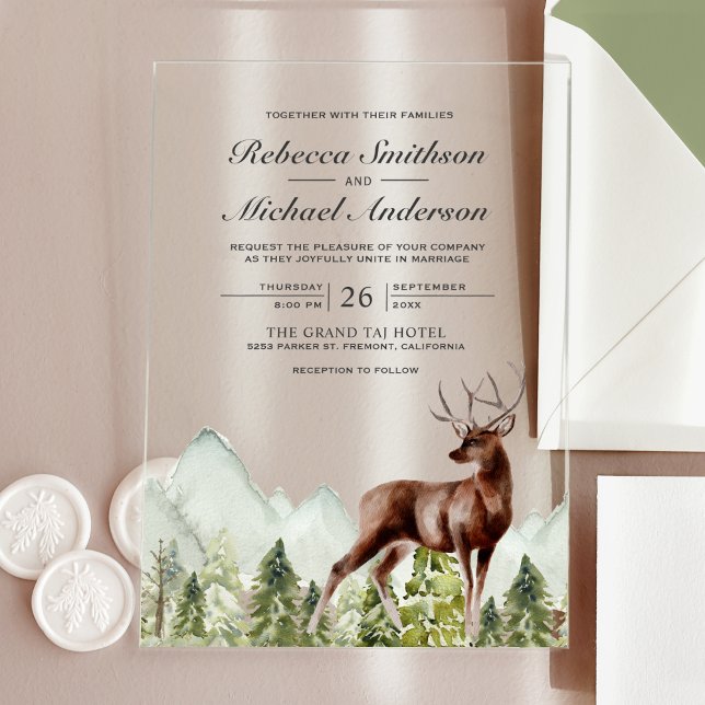 Rustic Watercolor Mountain Forest Deer Wedding Acryleinladungen (Von Creator hochgeladen)