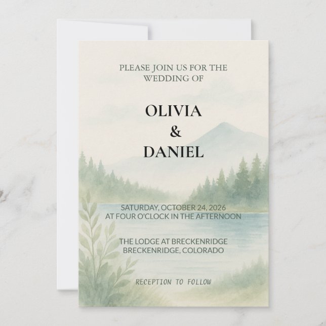 Rustic Watercolor Mountain Forest Pine Wedding  Einladung (Vorderseite)