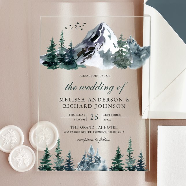 Rustic Watercolor Mountain Forest Winter Wedding Acryleinladungen (Von Creator hochgeladen)
