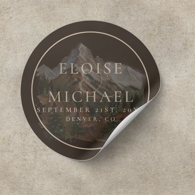 Rustic Watercolor Mountain Landscape Wedding Runder Aufkleber (Rustic Watercolor Mountain Landscape Wedding Classic Round Sticker)