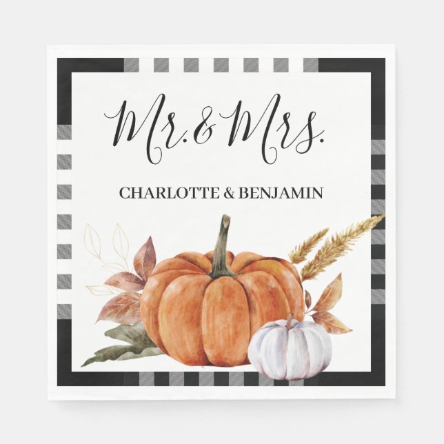 Rustic Watercolor Pumpkin Mr. and Mrs. Wedding Nap Serviette (Vorderseite)
