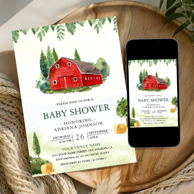Rustic Watercolor Red Barnyard Farm Baby Shower Einladung (Von Creator hochgeladen)