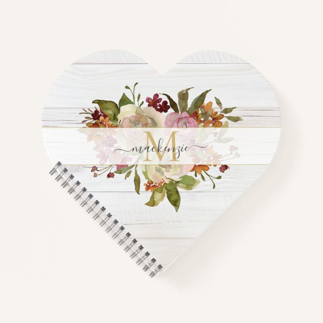 Rustic Watercolor Rose Bouquet Monogram Notizbuch (Vorderseite)