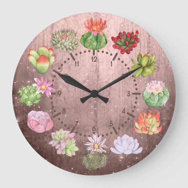 Rustic Watercolor Succulents Große Wanduhr (Vorderseite)