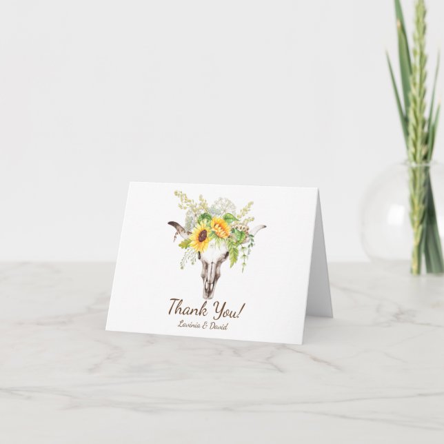 Rustic Watercolor Sunflowers Skull Thank You Dankeskarte (Vorderseite)