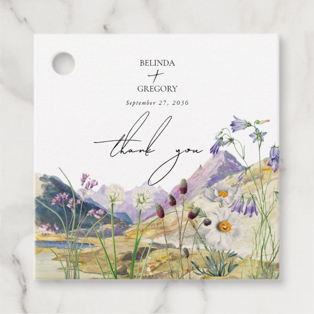 Rustic Watercolor Wildflower Mountain Wedding Geschenkanhänger (Vorderseite)