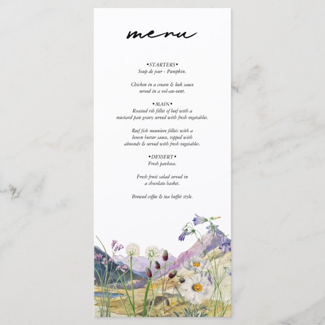 Rustic Watercolor Wildflower Mountain Wedding Menükarte (Vorderseite)