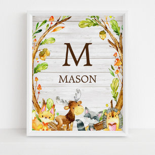 Rustic Watercolor Woodland Animals Personalized Poster