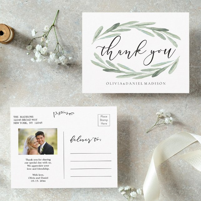 Rustic Watercolor Wreath Wedding Danke Foto Postkarte (Front & Back)