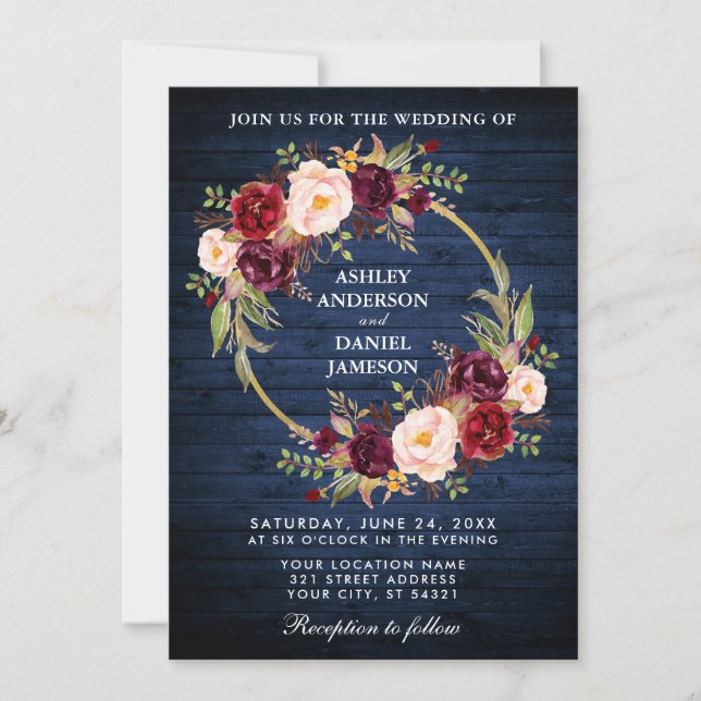 Rustic Wedding Blue Wood Burgundy Wreath Einladung (Vorderseite)
