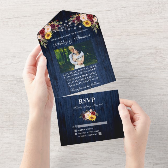 Rustic Wedding Blue Wood Floral Lights Foto All In One Einladung (Abreißen)