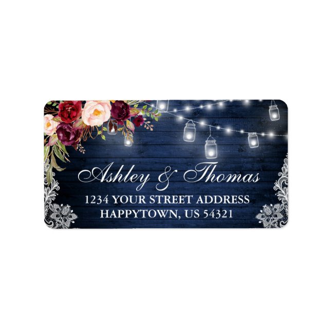 Rustic Wedding Blue Wood Jar Lights Floral Address Adressaufkleber (Vorne)