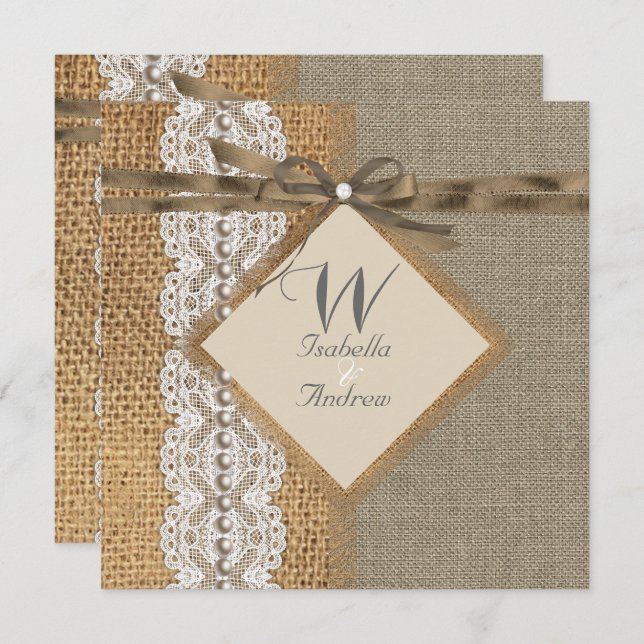 Rustic Wedding Burlap Hessian Lace Pearl Einladung (Vorne/Hinten)