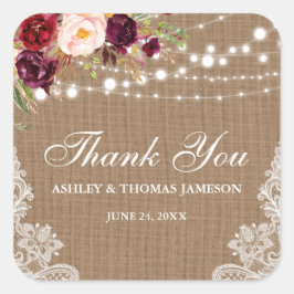 Rustic Wedding Burlap Lace Floral Danke B Quadratischer Aufkleber