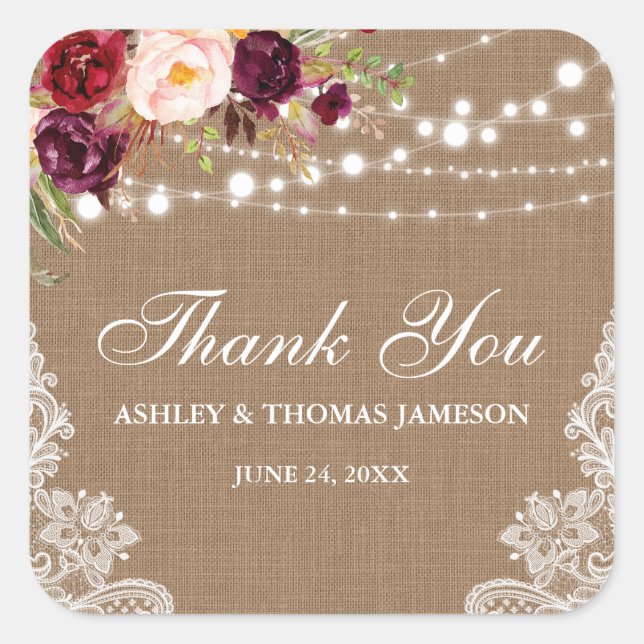 Rustic Wedding Burlap Lace Floral Danke B Quadratischer Aufkleber (Vorderseite)