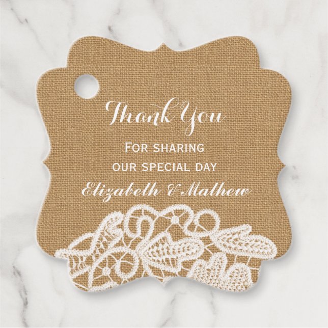 Rustic Wedding Burlap Lace Vielen Dank Geschenkanhänger (Vorderseite)