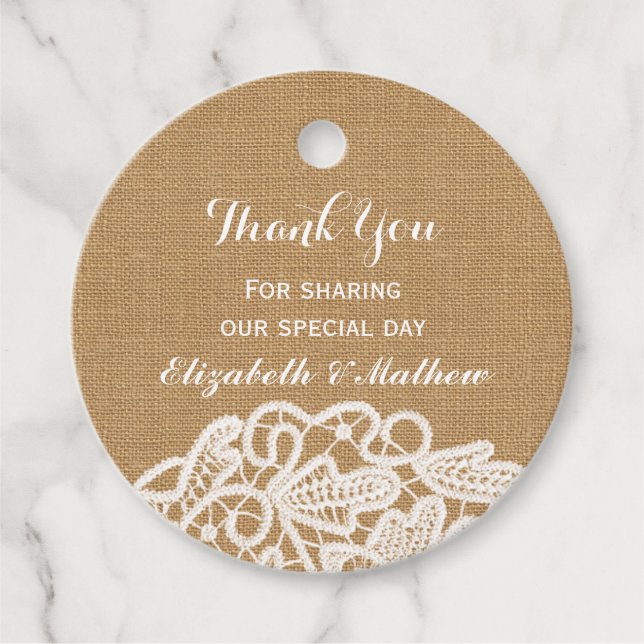 Rustic Wedding Burlap Lace Vielen Dank Geschenkanhänger (Vorderseite)