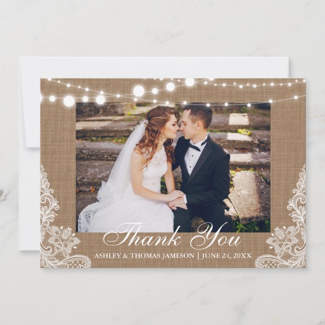 Rustic Wedding Burlap Lights Lace Foto Vielen Dank Dankeskarte (Vorderseite)