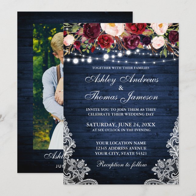 Rustic Wedding Floral Lace Blue Wood Foto Einladung (Vorne/Hinten)