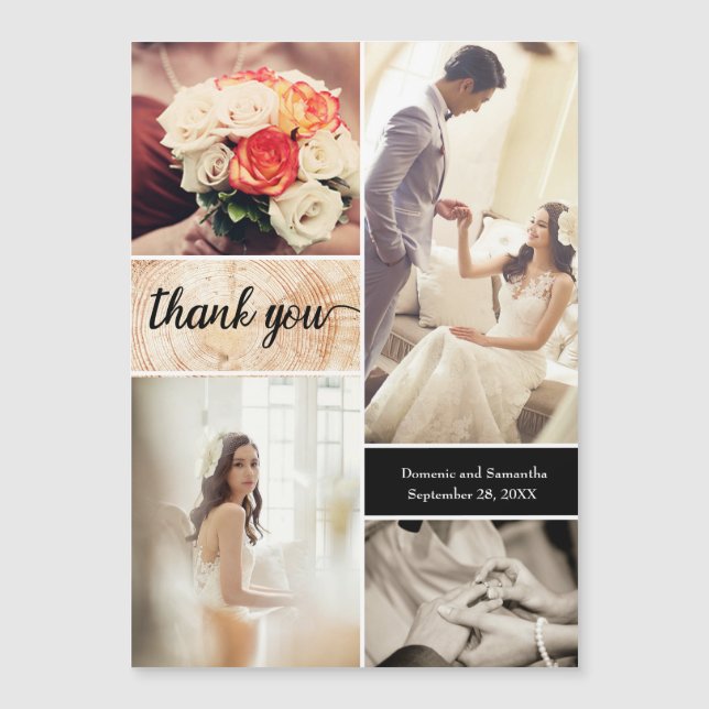 Rustic Wedding Foto Collage Wood Grain Vielen Dank Magnetkarte (Vorderseite)