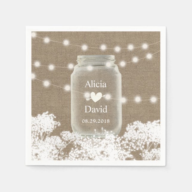 Rustic Wedding Gipskraut String Mason Jar Serviette (Vorderseite)